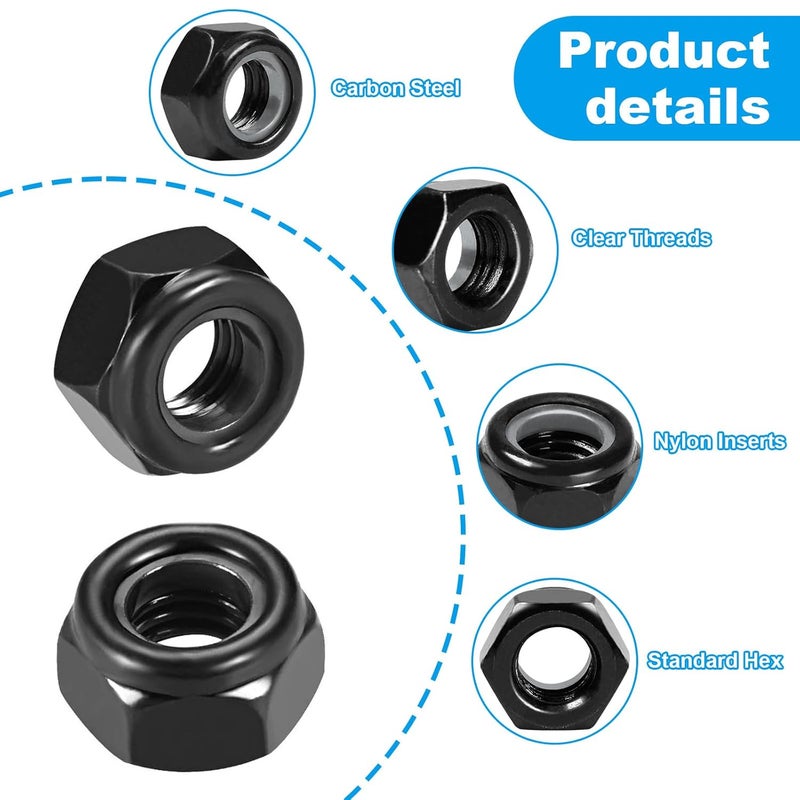 Yinpecly 20Pcs M10 x 1.5mm Nylon Insert Hex Lock Nuts Carbon Steel Zinc Plated Locknuts Self-Locking Nut M10 Metric Black Standard Threaded Nylock Nuts for Industrial Construction Fasteners - Image 3